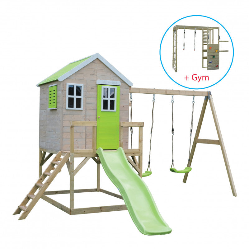 Casuta de gradina Lime Lodge cu platforma, tobogan si leagan dublu (M28L), Wendi Toys